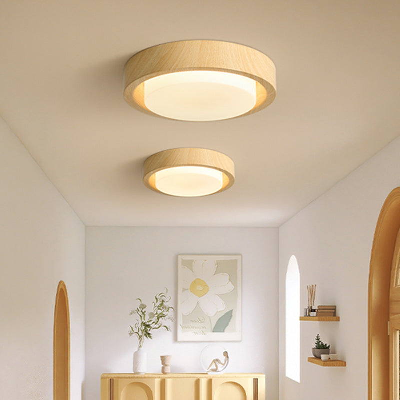 Contemporary Nordic Round Wood Iron Glass LED Flush Mount Ceiling Light For Hallways Lumendat