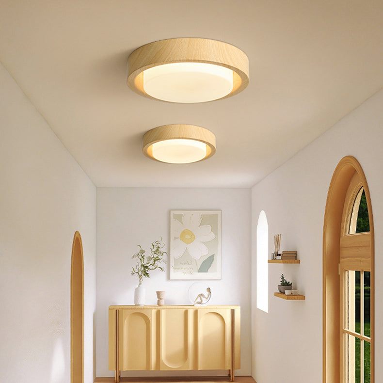 Contemporary Nordic Round Wood Iron Glass LED Flush Mount Ceiling Light For Hallways Lumendat