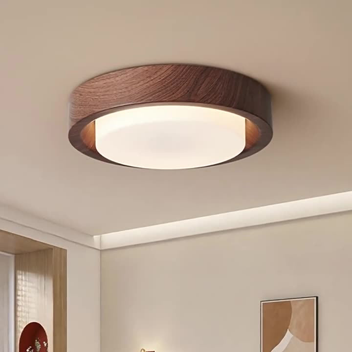 Contemporary Nordic Round Wood Iron Glass LED Flush Mount Ceiling Light For Hallways Lumendat