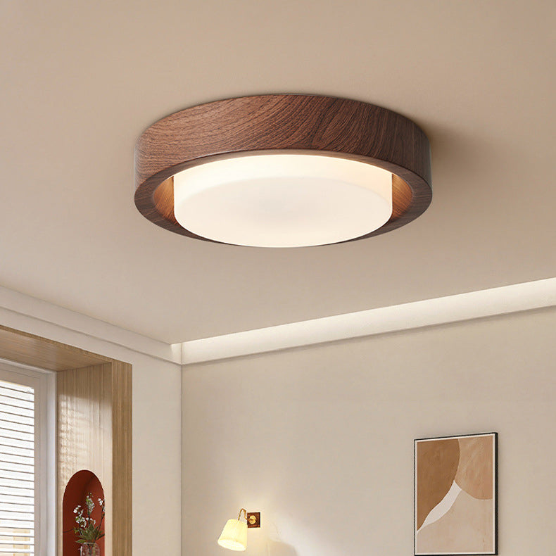 Contemporary Nordic Round Wood Iron Glass LED Flush Mount Ceiling Light For Hallways Lumendat