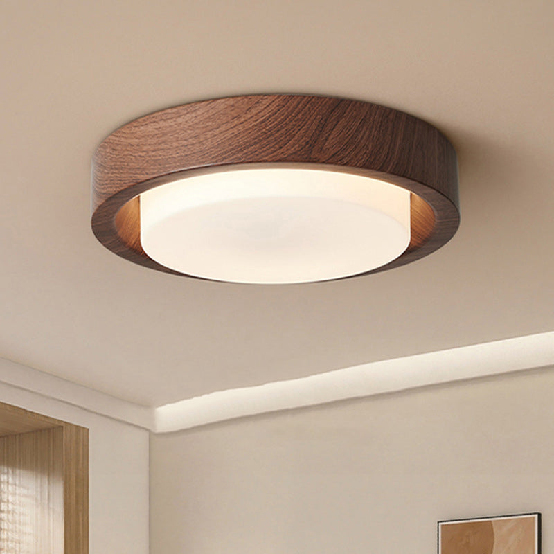 Contemporary Nordic Round Wood Iron Glass LED Flush Mount Ceiling Light For Hallways Lumendat