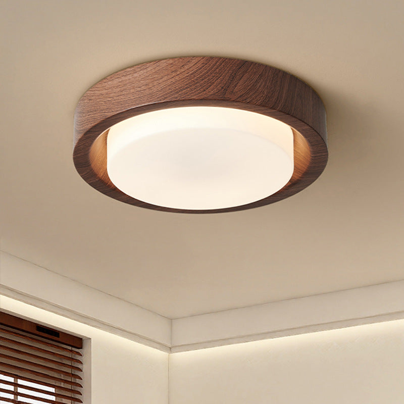 Contemporary Nordic Round Wood Iron Glass LED Flush Mount Ceiling Light For Hallways Lumendat