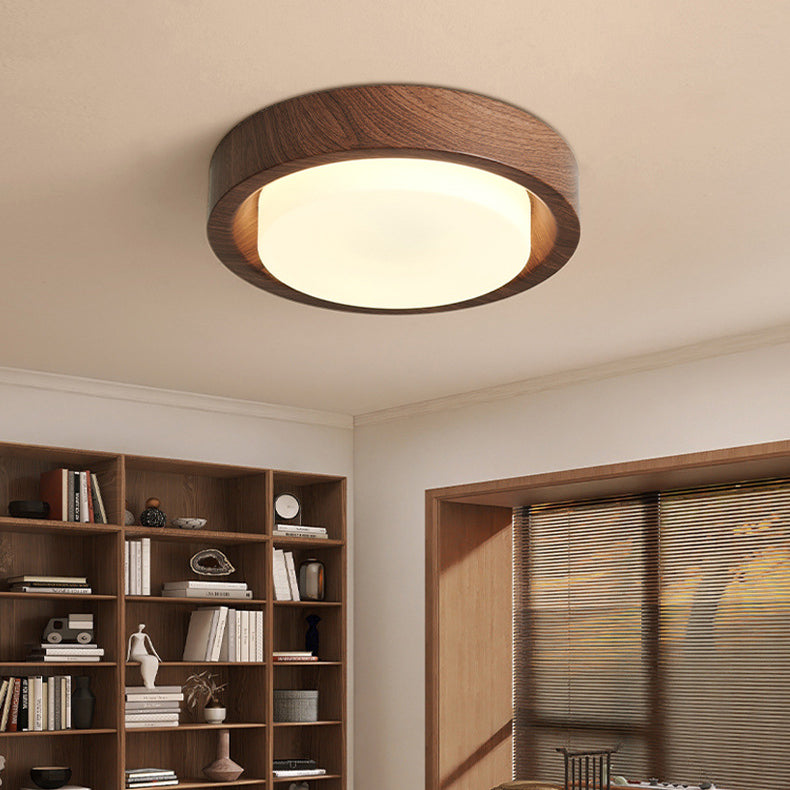 Contemporary Nordic Round Wood Iron Glass LED Flush Mount Ceiling Light For Hallways Lumendat