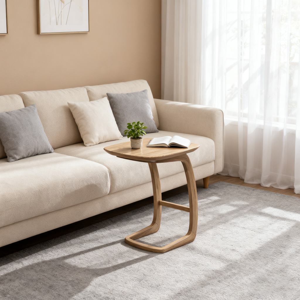 Solid North American Ash Wood C-Shaped Sofa Side Table - Modern Minimalist Coffee & Snack Table Lumendat