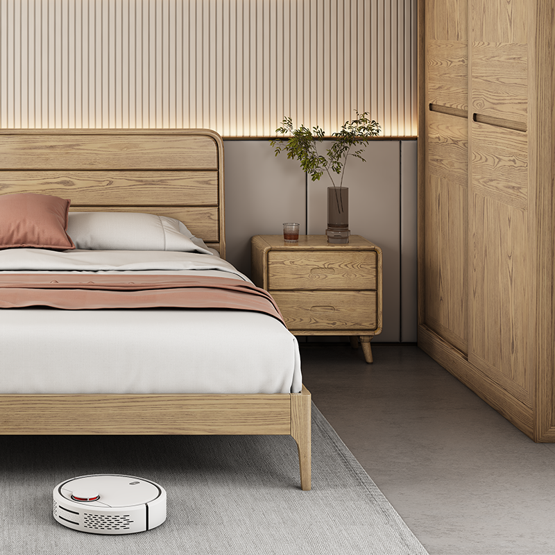 Minimalist Solid Ash Wood Rectangular Nightstand With 2 Smooth-Glide Drawers - Durable Bedside Table For Bedroom Lumendat