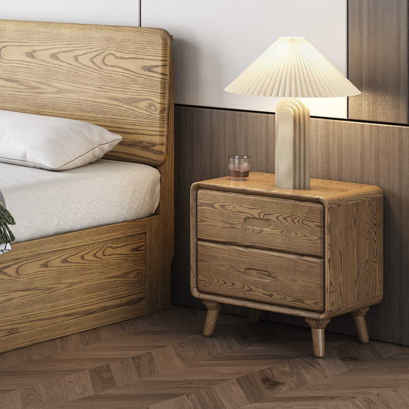 Minimalist Solid Ash Wood Rectangular Nightstand With 2 Smooth-Glide Drawers - Durable Bedside Table For Bedroom Lumendat