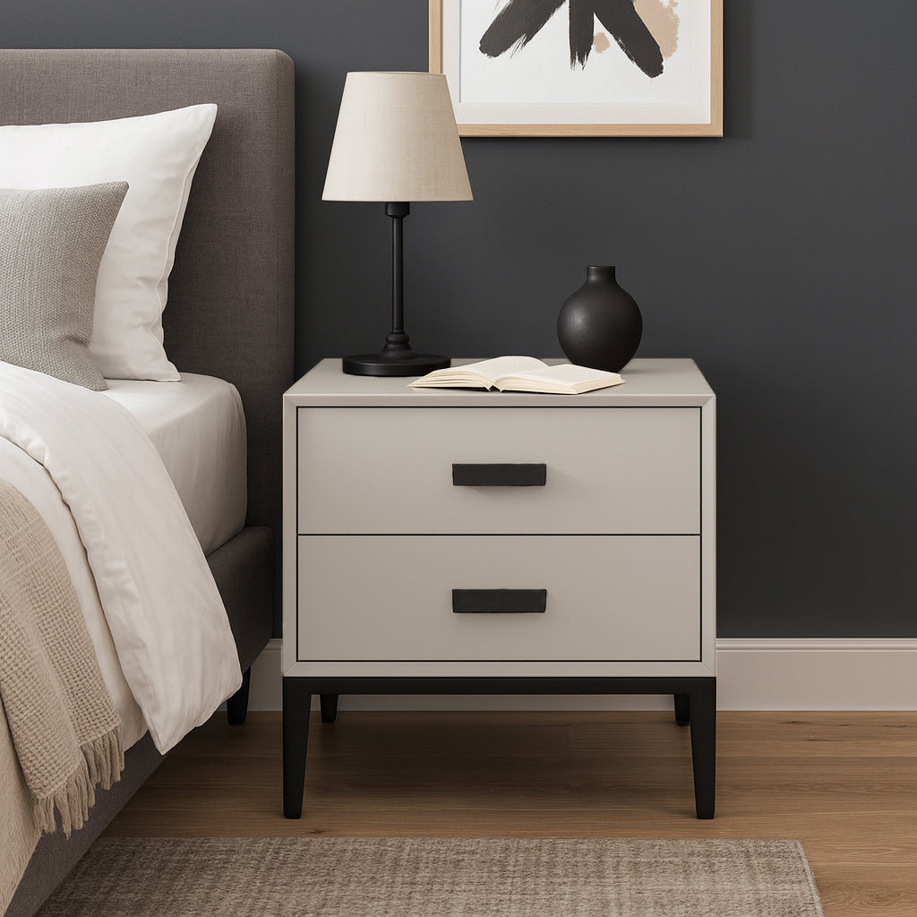 Modern Minimalist E1 MDF Iron Rectangular Nightstand With 2 Drawers Storage - Compact Bedside Table For Bedroom Lumendat
