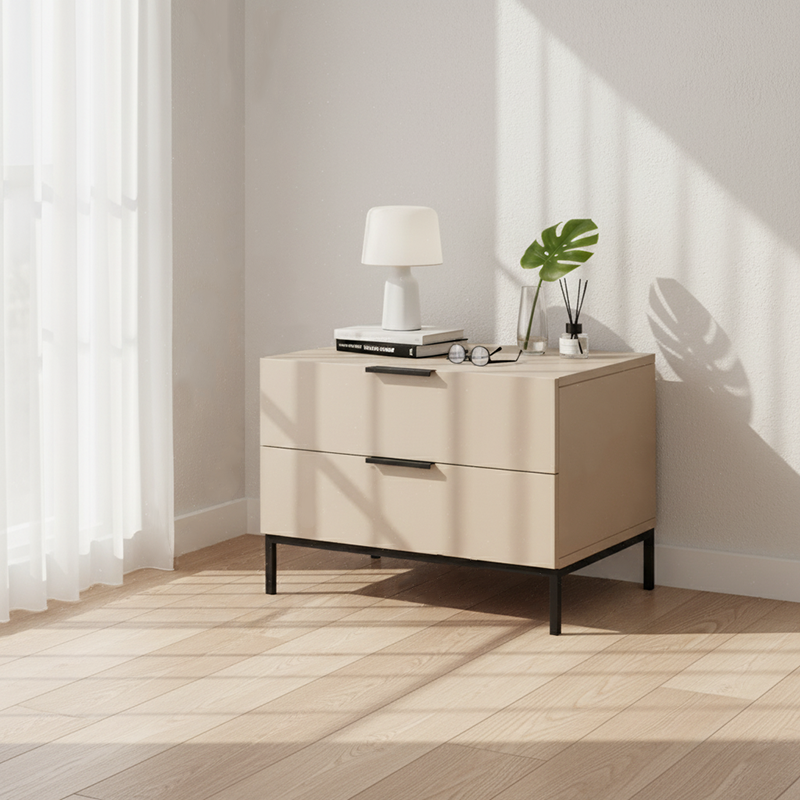 Modern Minimalist E1 MDF Iron Rectangular Nightstand With 2 Drawers Storage - Compact Bedside Table For Bedroom Lumendat