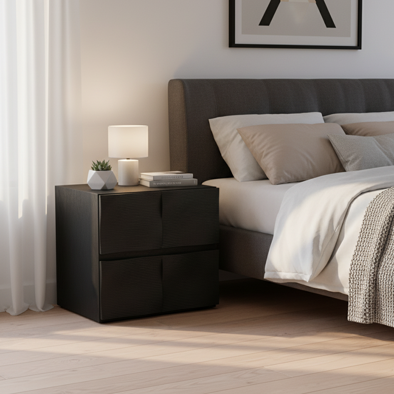 Contemporary Creative Extured Rectangular Oak Wood Board Nightstand With 2 Drawers - Smooth Storage & Compact Design For Bedroom Lumendat