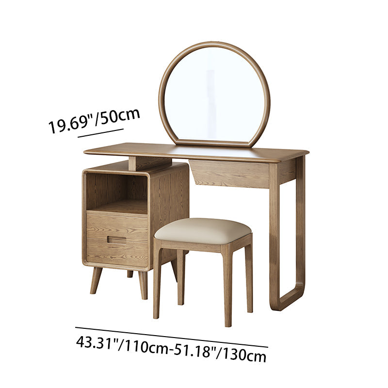 Solid Wood Dressing Table With Round Mirror Minimalist Ash & Rubberwood Makeup Vanity With Storage for Bedroom Lumendat