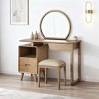 Solid Wood Dressing Table With Round Mirror Minimalist Ash & Rubberwood Makeup Vanity With Storage for Bedroom Lumendat