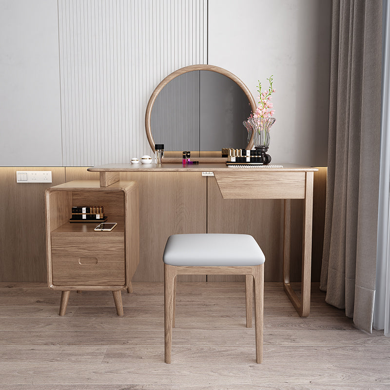 Solid Wood Dressing Table With Round Mirror Minimalist Ash & Rubberwood Makeup Vanity With Storage for Bedroom Lumendat