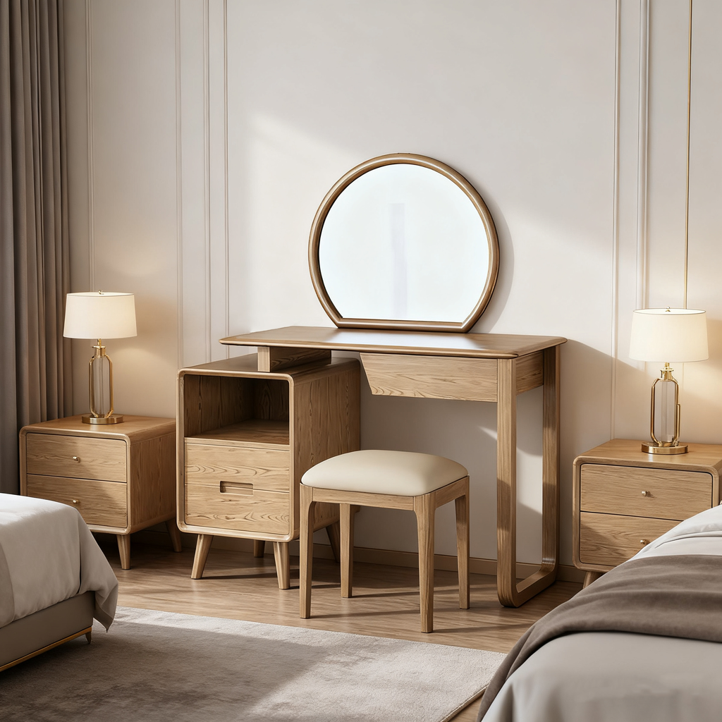 Solid Wood Dressing Table With Round Mirror Minimalist Ash & Rubberwood Makeup Vanity With Storage for Bedroom Lumendat