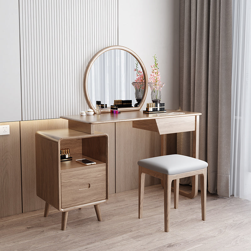 Solid Wood Dressing Table With Round Mirror Minimalist Ash & Rubberwood Makeup Vanity With Storage for Bedroom Lumendat