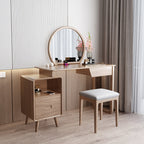 Solid Wood Dressing Table With Round Mirror Minimalist Ash & Rubberwood Makeup Vanity With Storage for Bedroom Lumendat