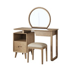 Solid Wood Dressing Table With Round Mirror Minimalist Ash & Rubberwood Makeup Vanity With Storage for Bedroom Lumendat