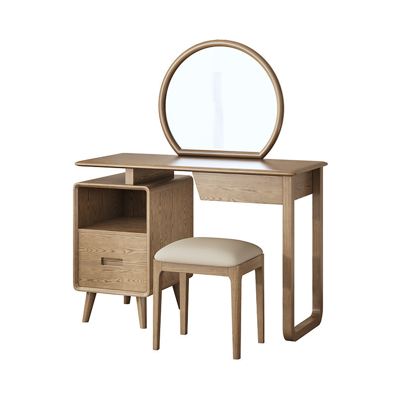 Solid Wood Dressing Table With Round Mirror Minimalist Ash & Rubberwood Makeup Vanity With Storage for Bedroom Lumendat