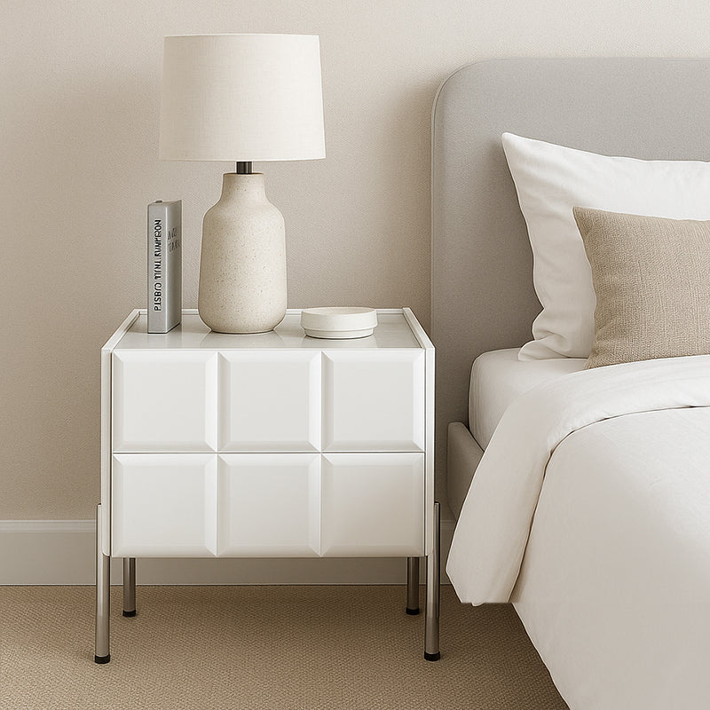 Modern Minimalist Rectangular Nightstand With Dual Drawers Slate Stone Top Plywood Body Stainless Steel Legs For Bedroom Lumendat