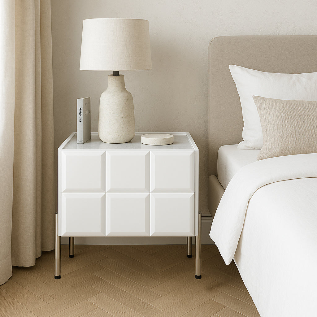 Modern Minimalist Rectangular Nightstand With Dual Drawers Slate Stone Top Plywood Body Stainless Steel Legs For Bedroom Lumendat