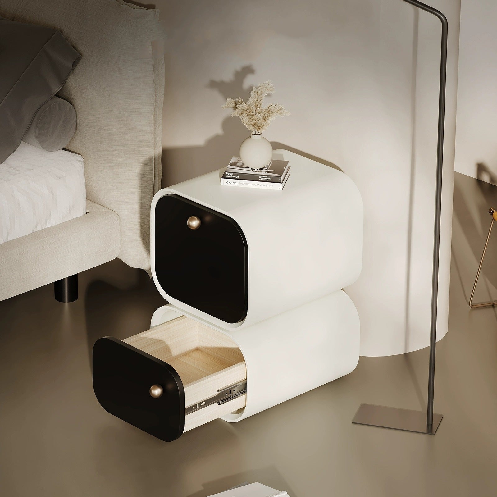 Modern Minimalist Rotatable Nightstand With Dual-Size Drawers E1 Eco-Friendly MDF & Plywood Rounded Corners For Bedroom Storage Lumendat