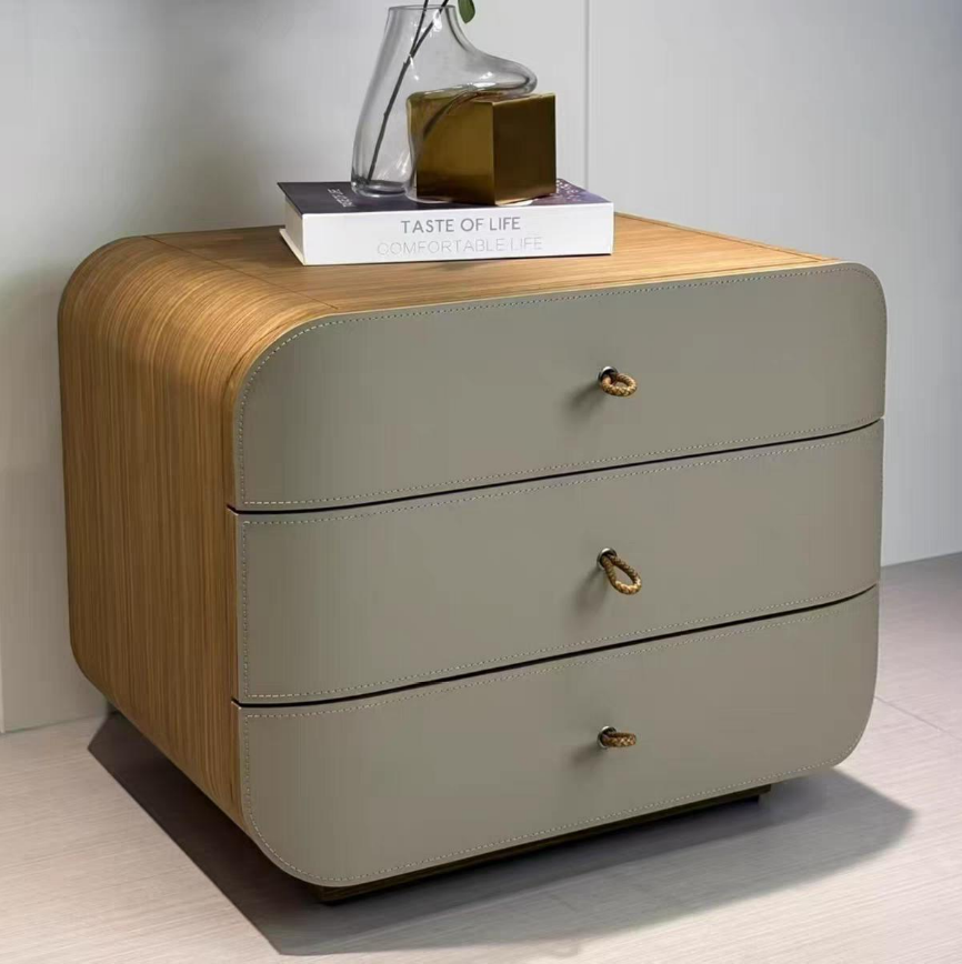 Modern Minimalist E1 MDF Frame Walnut Veneer Nightstand With 3 Drawers Soft Round Edge Bedside Table Lumendat