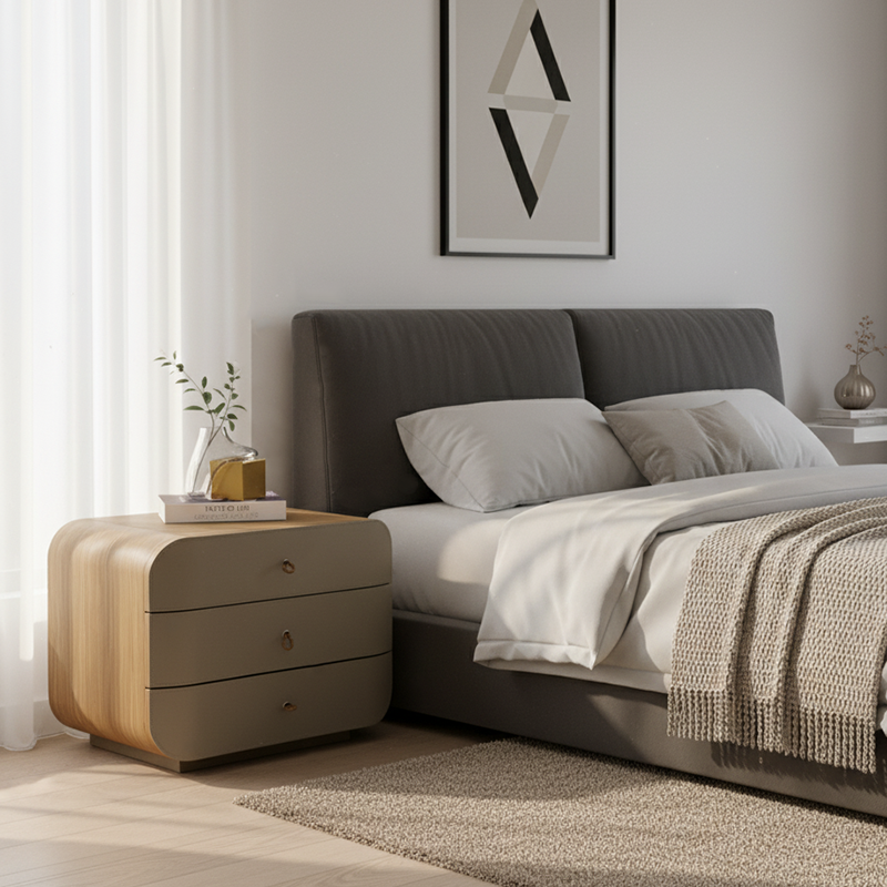 Modern Minimalist E1 MDF Frame Walnut Veneer Nightstand With 3 Drawers Soft Round Edge Bedside Table Lumendat