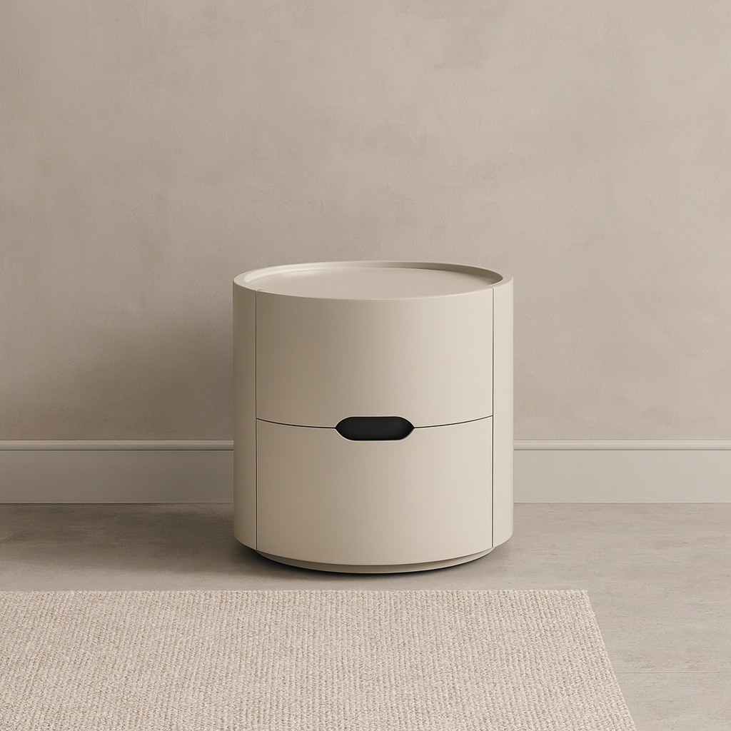 Modern Minimalist Cylinder Plywood & E1 MDF Nightstand With Double Storage Drawers And Protective Raised Rim For Bedroom Lumendat