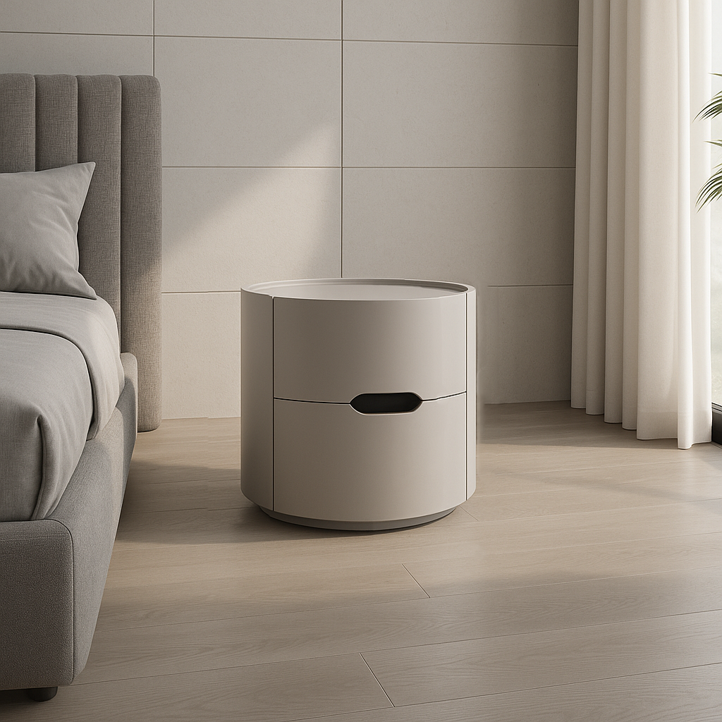 Modern Minimalist Cylinder Plywood & E1 MDF Nightstand With Double Storage Drawers And Protective Raised Rim For Bedroom Lumendat