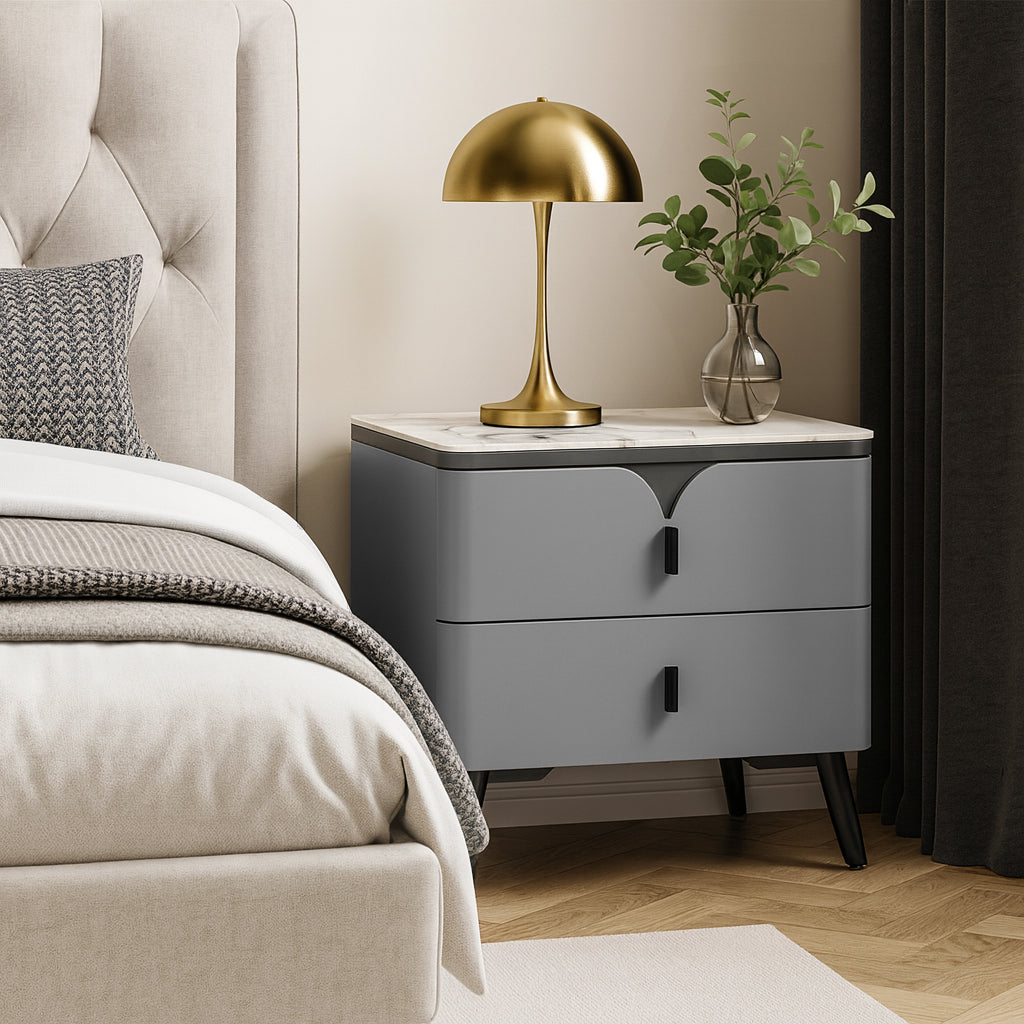 Modern Luxury Rectangular E1 MDF Nightstand With Sintered Stone Top & 2 Drawers For Bedroom Lumendat