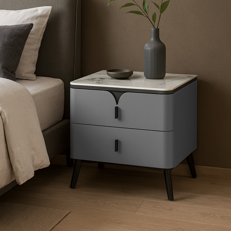 Modern Luxury Rectangular E1 MDF Nightstand With Sintered Stone Top & 2 Drawers For Bedroom Lumendat