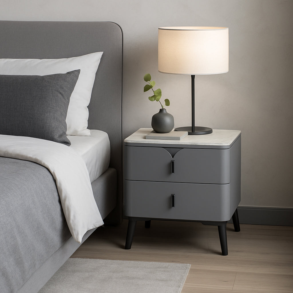 Modern Luxury Rectangular E1 MDF Nightstand With Sintered Stone Top & 2 Drawers For Bedroom Lumendat