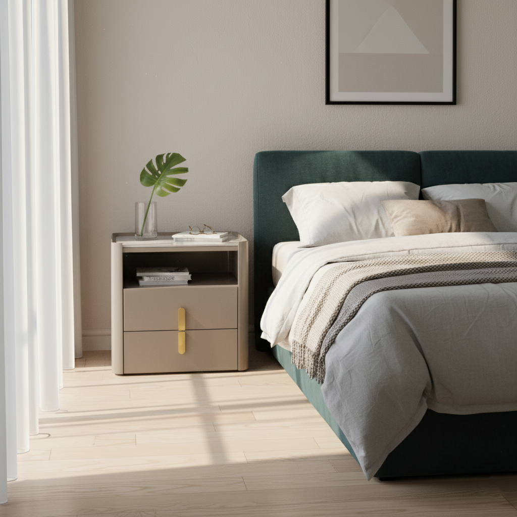 Modern Luxury Rectangular Rounded Corner E1 MDF Stone Slab Nightstand With 2 Drawers For Bedroom Lumendat