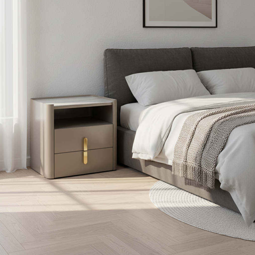 Modern Luxury Rectangular Rounded Corner E1 MDF Stone Slab Nightstand With 2 Drawers For Bedroom Lumendat