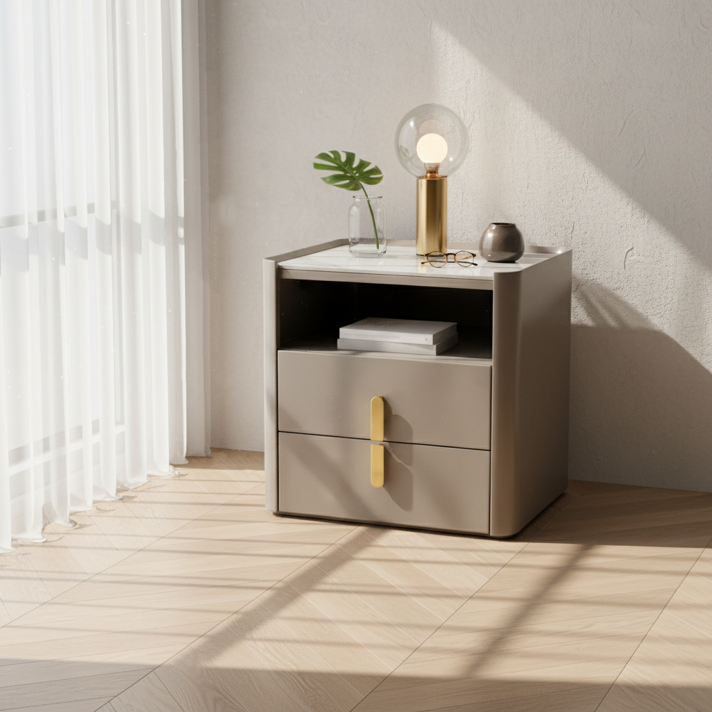 Modern Luxury Rectangular Rounded Corner E1 MDF Stone Slab Nightstand With 2 Drawers For Bedroom Lumendat