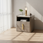 Modern Luxury Rectangular Rounded Corner E1 MDF Stone Slab Nightstand With 2 Drawers For Bedroom Lumendat
