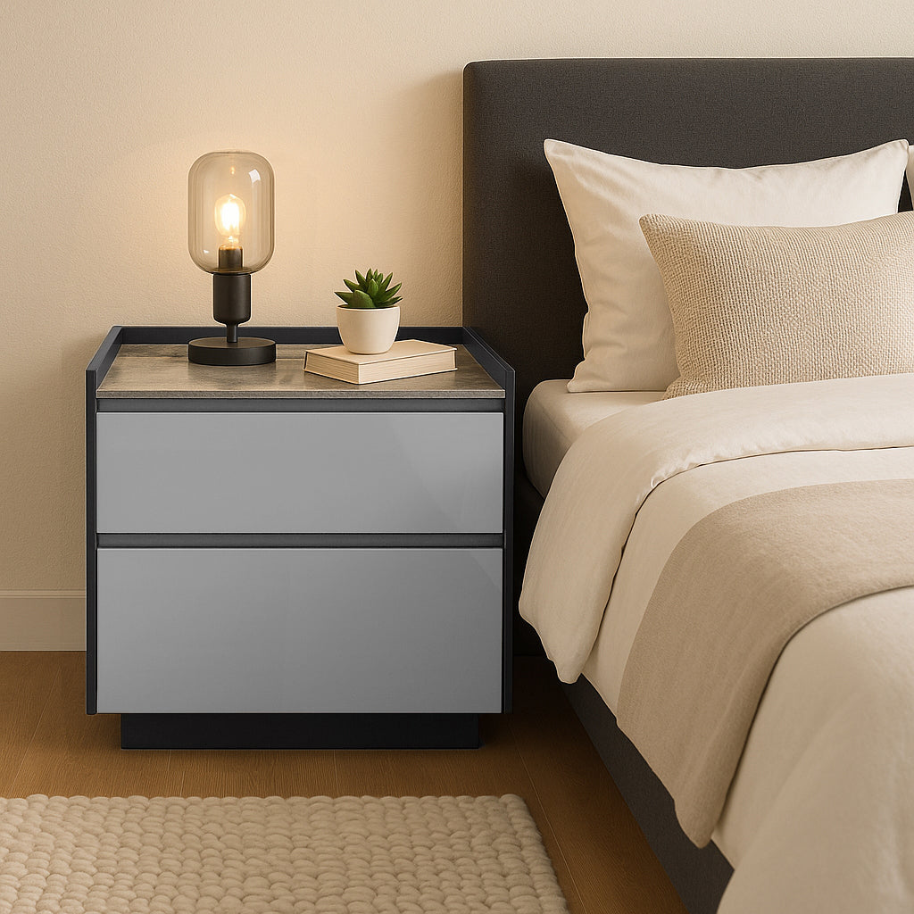 Modern Minimalist Plywood Nightstand With Sintered Stone Top - 2-Drawer Bedside Table For Bedroom Lumendat