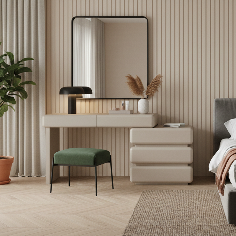 Modern Minimalist Khaki Makeup Vanity With 5/8-Drawer Chest - Solid Wood Plywood Dresser & Makeup Desk For Bedroom Lumendat