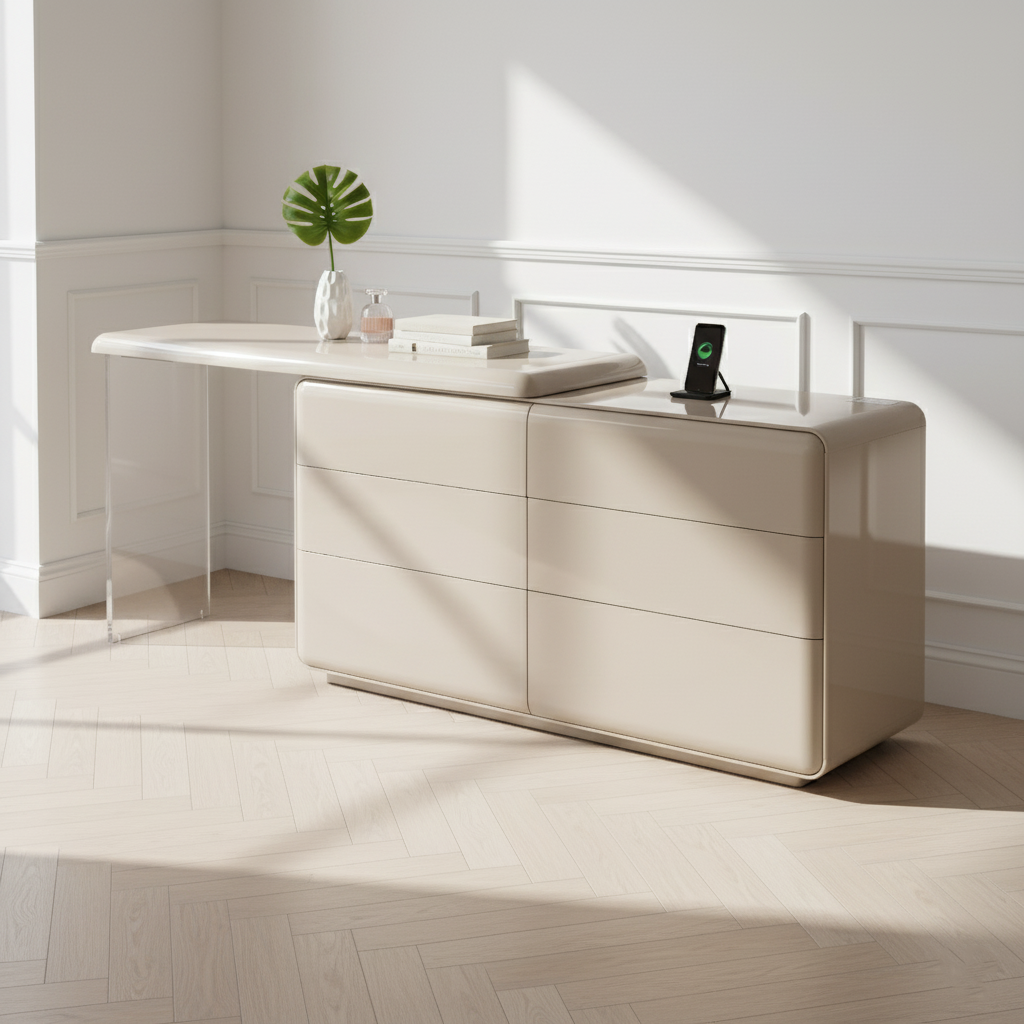 Modern Minimalist Khaki Makeup Vanity With Acrylic Legs & 6-Drawer Storage Cabinet - E1 MDF Makeup Desk For Bedroom Lumendat