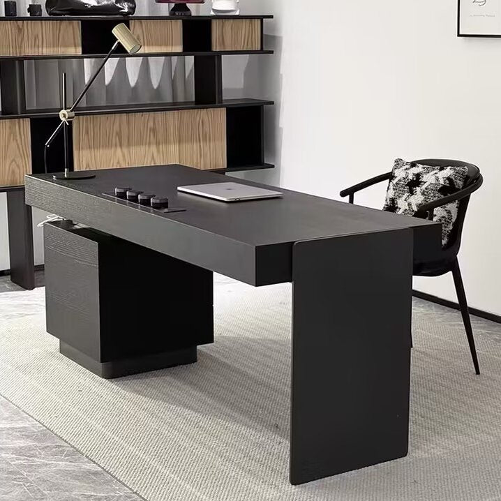 Modern Minimalist Oak Wood Rectangular Desk With Wireless Charging & 5 Drawers For Bedroom & Home Office Lumendat