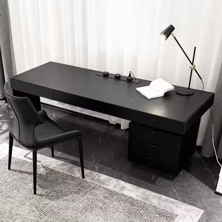 Modern Minimalist Oak Wood Rectangular Desk With Wireless Charging & 5 Drawers For Bedroom & Home Office Lumendat