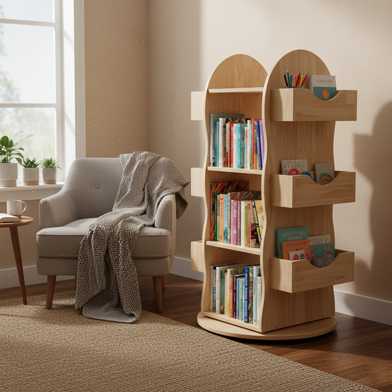Lumendat Modern Minimalist Solid Wood Rounded Corner Kids Swivel Bookshelf With 4-Tier For Home Office And Living Room Lumendat