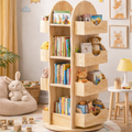 Lumendat Modern Minimalist Solid Wood Rounded Corner Kids Swivel Bookshelf With 4-Tier For Home Office And Living Room Lumendat