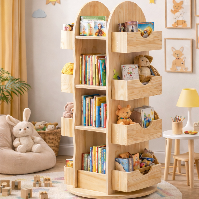 Lumendat Modern Minimalist Solid Wood Rounded Corner Kids Swivel Bookshelf With 4-Tier For Home Office And Living Room Lumendat