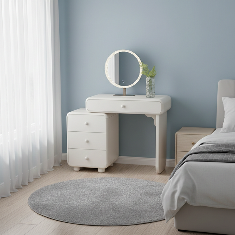Cream Style Vanity Desk With Expandable Drawer Cabinet - Modern Minimalist MDF Particle Board Bedroom Makeup Vanity With 4 Drawers Lumendat