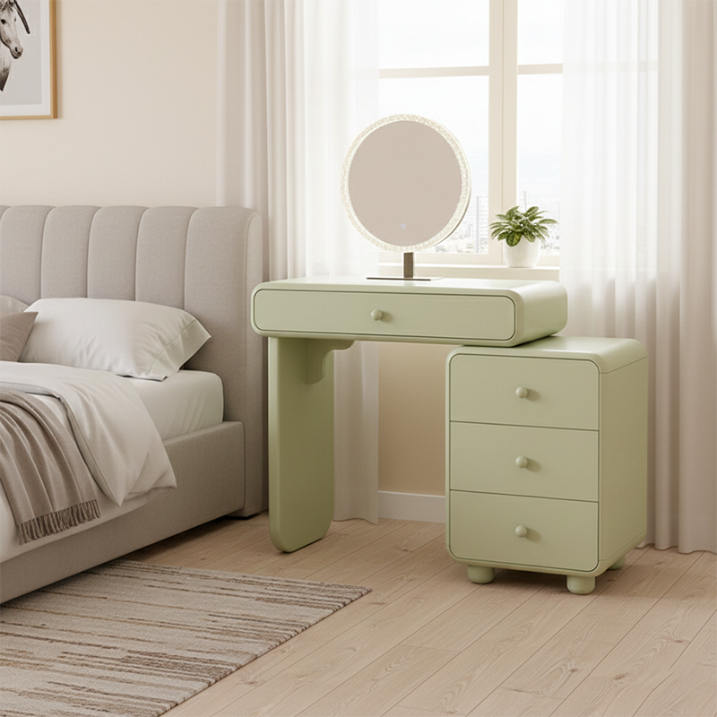 Cream Style Vanity Desk With Expandable Drawer Cabinet - Modern Minimalist MDF Particle Board Bedroom Makeup Vanity With 4 Drawers Lumendat