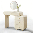 Cream Style Vanity Desk With Expandable Drawer Cabinet - Modern Minimalist MDF Particle Board Bedroom Makeup Vanity With 4 Drawers Lumendat