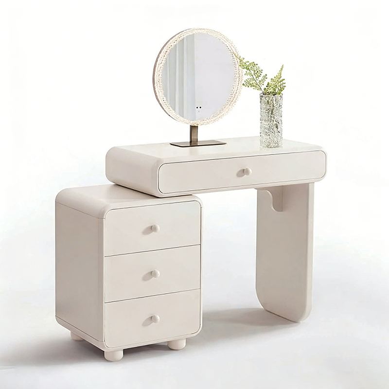 Cream Style Vanity Desk With Expandable Drawer Cabinet - Modern Minimalist MDF Particle Board Bedroom Makeup Vanity With 4 Drawers Lumendat