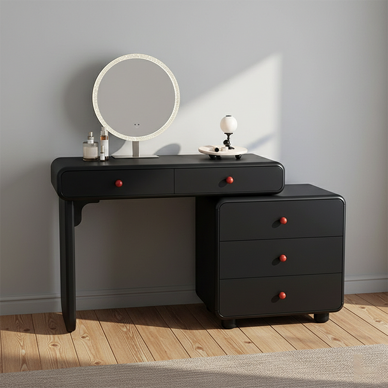 Modern Minimalist Vanity Desk With Expandable Drawer Cabinet - MDF & Solid Particle Board Makeup Vanity With 5 Drawer For Bedroom Lumendat