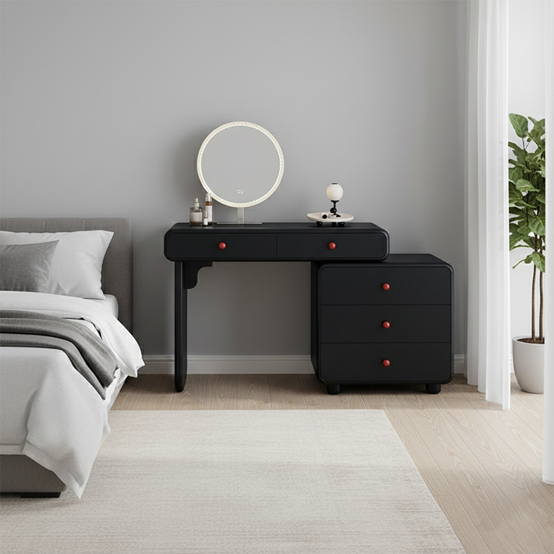 Modern Minimalist Vanity Desk With Expandable Drawer Cabinet - MDF & Solid Particle Board Makeup Vanity With 5 Drawer For Bedroom Lumendat
