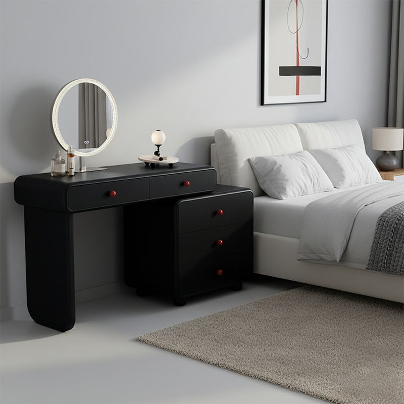 Modern Minimalist Vanity Desk With Expandable Drawer Cabinet - MDF & Solid Particle Board Makeup Vanity With 5 Drawer For Bedroom Lumendat
